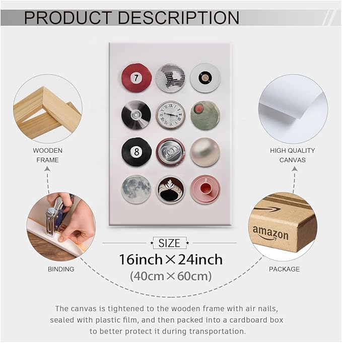 Trendy Retro Disco Wall Art - Vintage Lucky 8 Ball Poster, Funky Music Record Wall Decor, 16x24 inch Framed Unique 7 Ball Canvas Prints, Preppy Aesthetic Painting