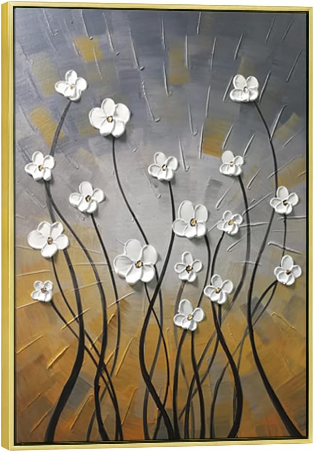 Wieco Art Framed Wall Art Morning Dancing Floral Oil Paintings Canvas Wall Art Modern Grace Abstract Flowers Artwork for Living Room Bedroom Home Decorations Wall Decor with Golden Frame