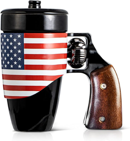 Novelty Coffee Mugs for Men, Ceramic Funny Gun Cup, Revolver Mugs, Birthday Gifts for Father, Black Cool Unique Coffee Mug for Men, Fathers Day Dad Gifts(16 oz Black Flag)