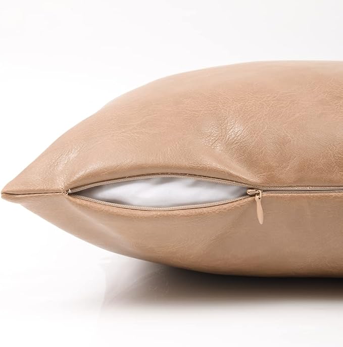 Fancy Homi 22x22 Pillow Covers, 2 Packs Tan Decorative Throw Pillow Covers 22x22 Inch for Couch Bed Bedroom Living Room, Taupe Faux Leather Hand Stitched Beige Square Cushion Case 55x55 cm