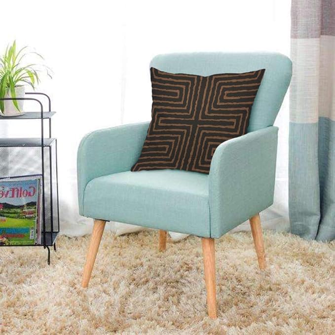 AOYEGO Pouf Maze Tribal African Design Throw Pillow Cover Labyrinth Linear Doodle Brain Mind Game Symmetric Symmetrical Simple Brown Pillow Case 18x18 Inch Decorative Men Women Room Cushion