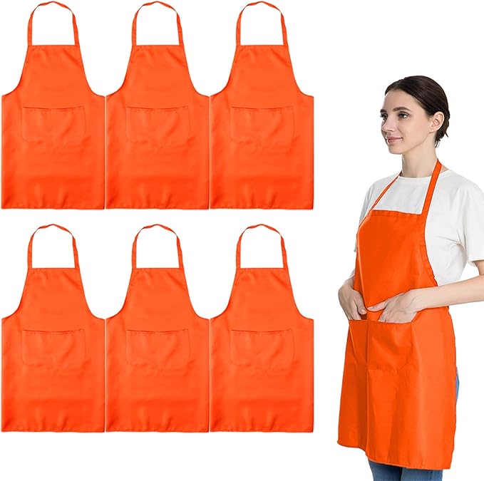 Total 6PCS Plain Color Bib Apron Adult Women Unisex Durable Comfortable with 2 Front Pocket Washable Chef for Cooking Baking Kitchen Restaurant Crafting Orange
