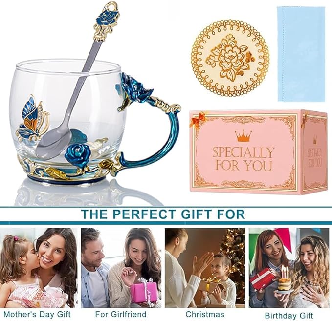 Tea Cup Gifts for Mom Birthday Gift for Women,Glass Coffee Enamels Mug Butterfly Sky Blue Flower Cup Unique Valentines Mothers Day Christmas gifts For Women Mom Wife Sister Coworker Female Friend