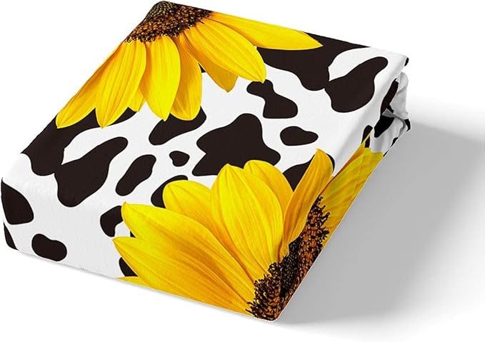 Feelyou Sunflower Bedding Set Botanical Floral Duvet Cover Yellow Flowers Print Comforter Cover Cute Cows Bedspread Cover Bedroom Collection 3Pcs King Size