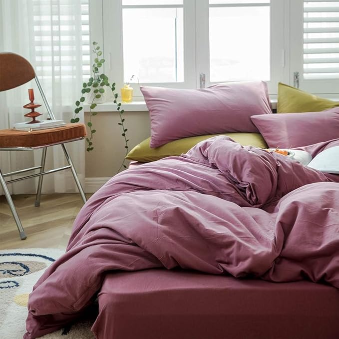 AMWAN Jersey Knit Cotton Duvet Cover Pale Mauve Full Size Solid Purple Bedding Sets T Shirt Comforter 3 Piece Mauve Color 1 with 2 Pillowcases Full(80/ x90/)