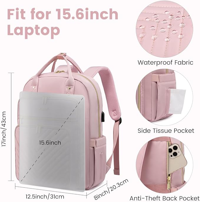 LOVEVOOK Laptop Backpack Women Teacher Backpack,15.6 Inch Laptop Bag with USB Port,Waterproof Daypack for Work Travel Pink