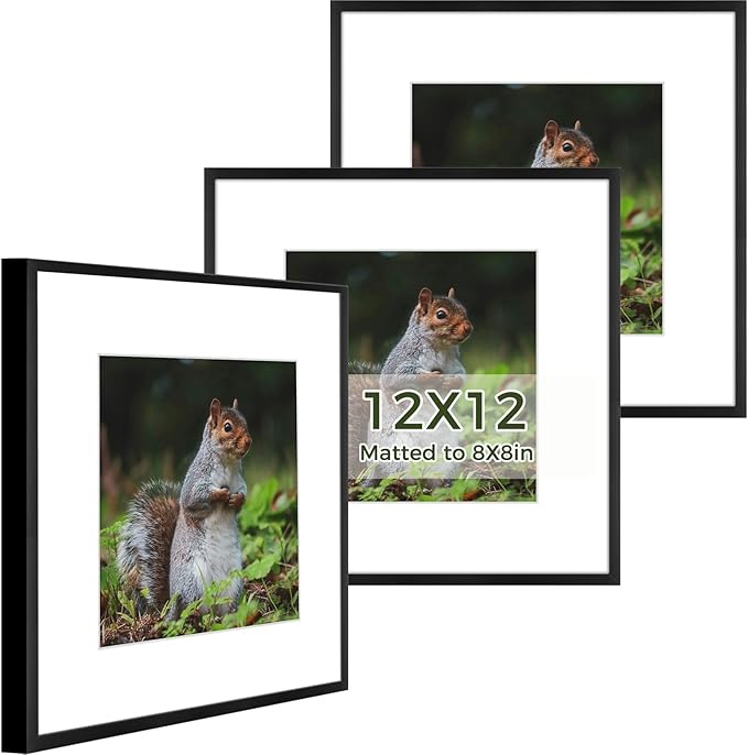 Golden State Art 12x12 Picture Frame 3 Pack - Aluminum Frames with 8x8 Removable Mats & Real Glass, Display 12x12 Posters or 8x8 Photos - Black Gallery Wall Frames for Home Office Decor