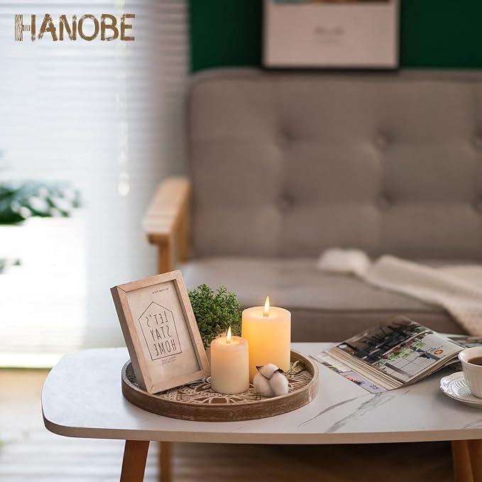 Hanobe Round Decorative Tray for Centerpiece: Boho Coffee Table Trays for Home Decor - Farmhouse Wood Serving Platter Rustic Circle Bohemian for Kitchen Counter Women