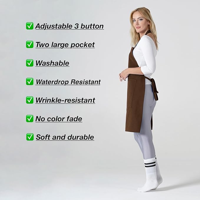 TOSHE Kitchen Apron Waterdrop Resistant Cotton Apron with adjustable Aprons for Women with Pockets 12 Color option Cooking Brown Apron (Brown)