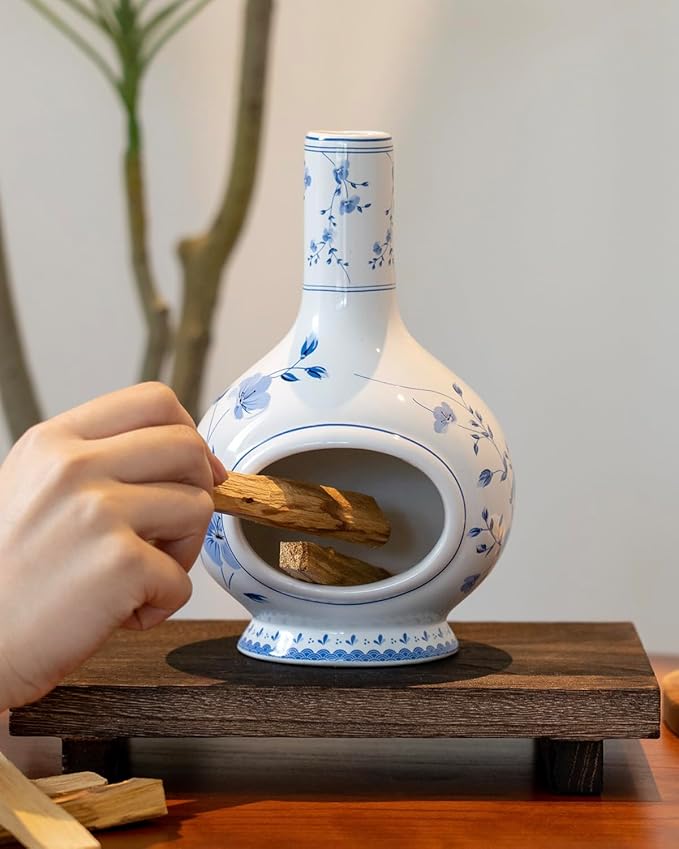 Ceramic Incense Holder Palo Santo Burner - Handmade Blue and White Porcelain Mini Chiminea for Ash Catching & Meditation Decor - Vintage Oriental Burner for Yoga Room Spiritual Gift