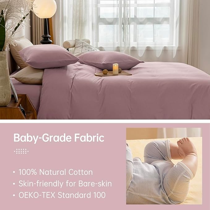 JELLYMONI Cotton Duvet Cover Twin Size - 100% Washed Cotton Linen Feel Textured Comforter Cover, 2 Pieces Breathable Soft Bedding Set with Zipper Closure (Dusty Pink, Twin 68"x90")