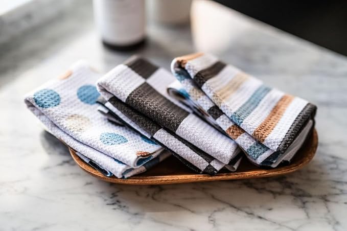 || 3 Pack Double Sided || Kitchen Towels || Dish Towels || Highly Absorbent || Hanging Loop || Dish Cloths || Modern || Designer Prints (Marigold/Mint)