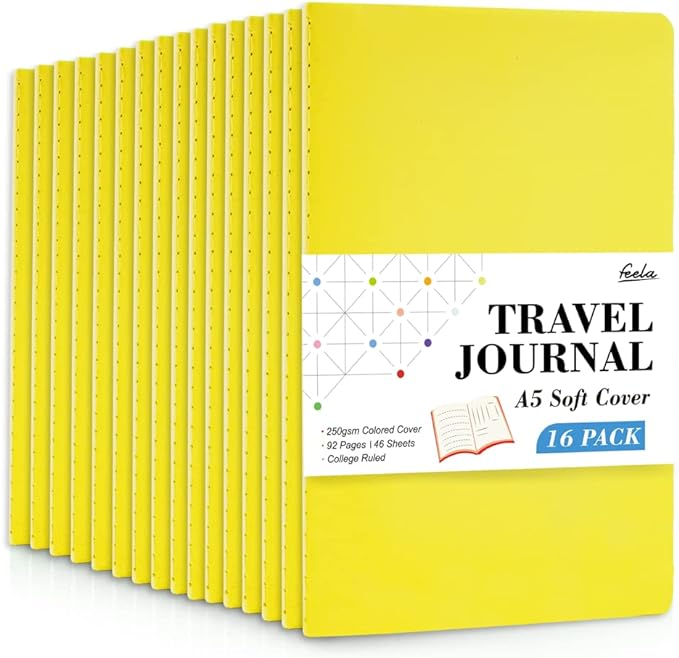16 Pack Soft Cover Journal Bulk, Feela Lined Notebooks College Ruled for Work for Women Girl Writing, Blank Travel Journal Note Taking Notebook School Business Supplies, 8.2” x 5.5”, A5, Lemon Yellow
