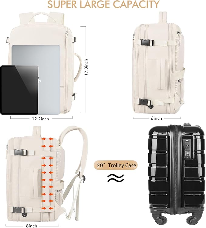 Beraliy Travel Backpack, Large Carry On Backpack, Personal Item Travel Bag, Airline Approved 17 Inch Laptop Backpack, College Weekender Business Hiking Bag, Beige