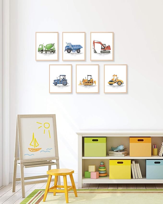 ASTRDECOR Construction Room Decor for Boys, Boys Nursery Decor, Toddler Boy Room Decor, Playroom Wall Art Watercolour Truck Prints for Kids Room, Car Pictures Wall Decor for Playroom, Nursery, Bedroom, Truck Vehicles Posters - 8"x10"x6PCS, Unframed