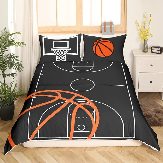 Basketball Court Print Bedding Set Twin Size,Ball Sports Games Themed Duvet Cover with 2 Pillowcases, Boys Game Room Decor Comforter Cover Orange Basketball and Hoop Quilt Cover Set (No Comforter)