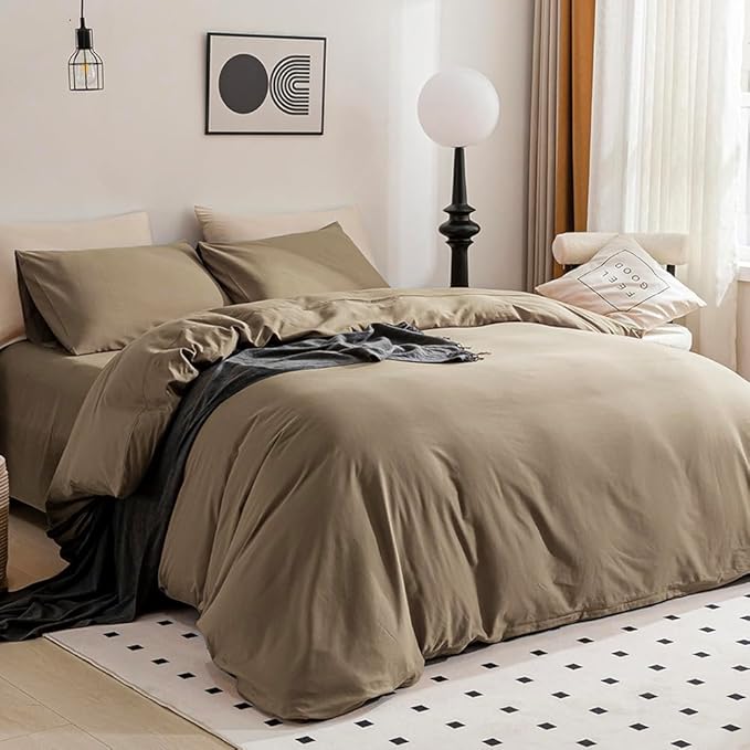 JELLYMONI Khaki Bedding Duvet Cover Set - 100% Washed Cotton Linen Like Textured California King Comforter Cover, 3 Pieces Soft Bedding Set with Zipper Closure (Khaki, Cal King 104"x98")