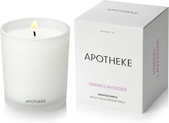 Apotheke Signature Scented Candles for Home, Hinoki Lavender - 10.5 oz - Soy Wax, Non Toxic, Large Jar White - Luxury Candle Gifts for Women & Men - Hinoki Cypress, Lavender, and Lotus Flower