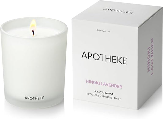 Apotheke Signature Scented Candles for Home, Hinoki Lavender - 10.5 oz - Soy Wax, Non Toxic, Large Jar White - Luxury Candle Gifts for Women & Men - Hinoki Cypress, Lavender, and Lotus Flower
