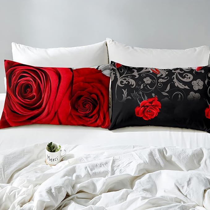 Red and White Rose Bedding Set,3D Flowers Printed Duvet Cover for Kids Teen Boys Girls,Romantic Lace Pattern Comforter Cover Decorative Room,Lover Couple Quilt Cover with 2 Pillowcases,Full Size