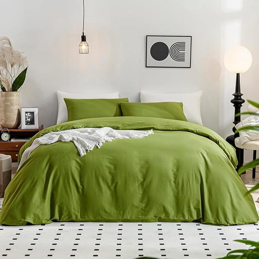 JELLYMONI Cotton Duvet Cover Twin Size - 100% Washed Cotton Linen Feel Textured Comforter Cover, 2 Pieces Breathable Soft Bedding Set with Zipper Closure (Avocado Green, Twin 68"×90")