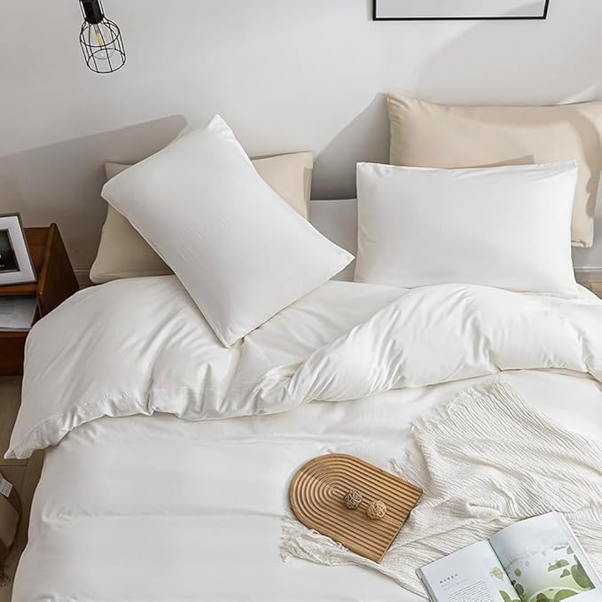 JELLYMONI White Duvet Cover Oversized Queen Size - 100% Washed Cotton Lightweight Cooling Comforter Cover, 3 Pieces Soft Bedding Set with Zipper Closure (Cream White, 98"x98")