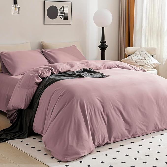 JELLYMONI Cotton Duvet Cover Queen Size - 100% Washed Cotton Linen Feel Textured Comforter Cover, 3 Pieces Breathable Soft Bedding Set with Zipper Closure (Dusty Pink, Queen 90"x90")