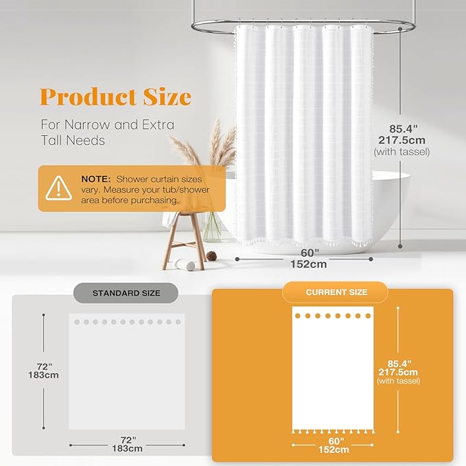 BTTN Stall Shower Curtain - 60x84 Long Boho Farmhouse Linen Weighted Fabric Cloth Shower Curtain Set with 10 Plastic Hooks, Narrow Neutral Hotel Country Decorative Shower Curtains for Bathroom - White