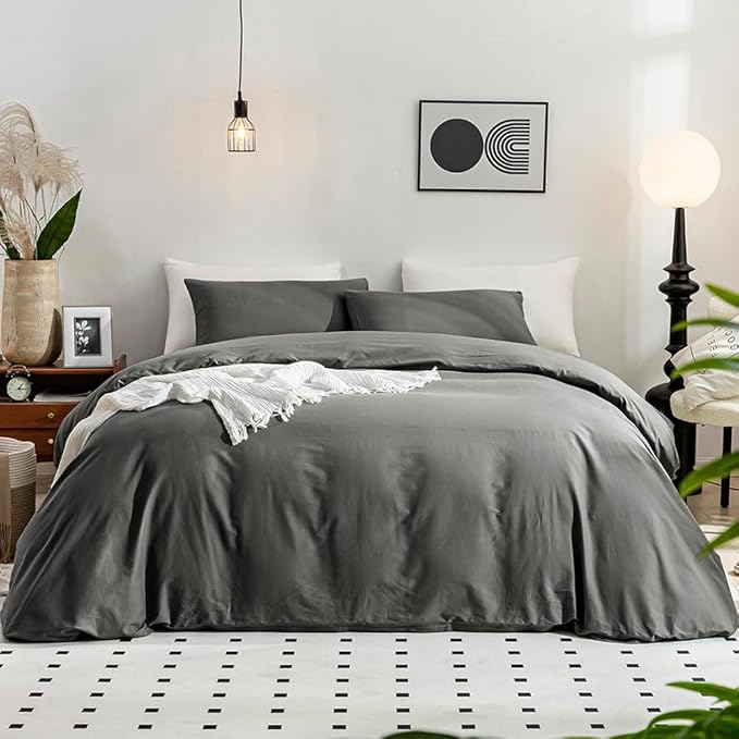 JELLYMONI Cotton Duvet Cover California King - 100% Washed Cotton Linen Like Textured Comforter Cover, 3 Pieces Soft Bedding Set with Zipper Closure (Gray, Cal King 104"x98")