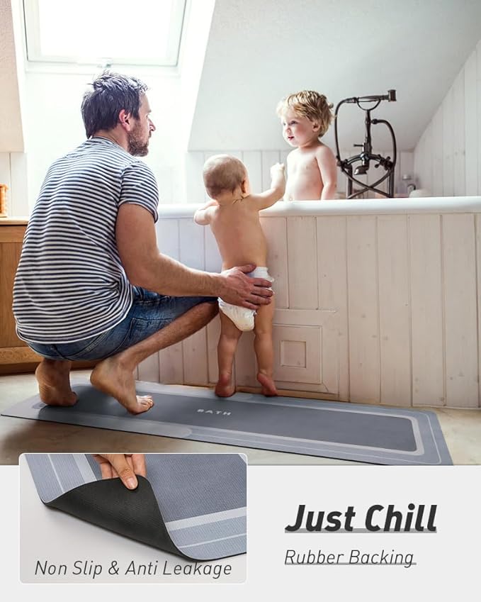 MontVoo-Bath Mat, Long Non Slip Absorbent Stain Resistant Quick Dry Thin Bathroom Rug, 17"x50", Blue