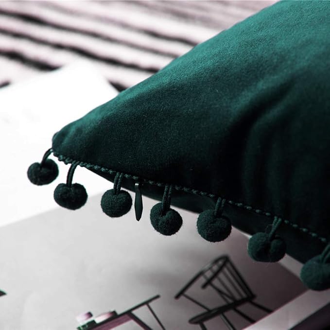 DEZENE Decorative Pillow Covers 12x20 Green: 2 Pack Cozy Soft Pom-poms Velvet Rectangular Throw Pillow Cases for Farmhouse Home Decor