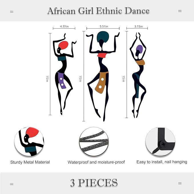African Wall Decor Art, 3 Pieces Metal Wall Aesthetic Hallway Decor accessories, Maximalist Hanging Wall Decor, Ethnic Dance Style Drawing Wall Decorations, For Home Living Room Bedroom and Bathroom