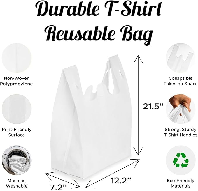 Simply Cool 50 Pack Reusable Eco-Friendly Grocery T-Shirt Shopping Bags 21.5"x12.2"x7.2" Durable, Recyclable Washable Foldable Portable Shopping Tote Bags Bulk