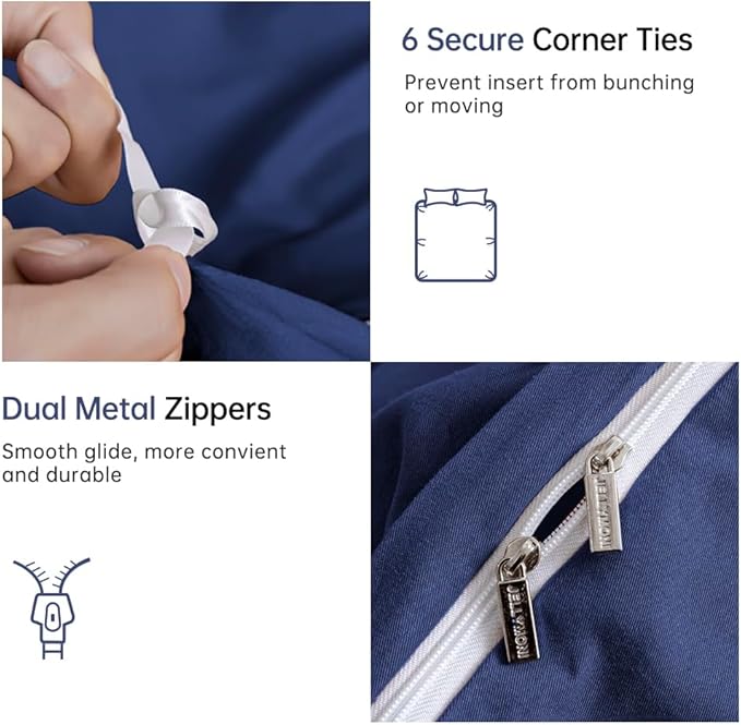 JELLYMONI Cotton Duvet Cover Full Size - 100% Washed Cotton Linen Like Textured Comforter Cover, 3 Pieces Breathable Soft Bedding Set with Zipper Closure (Navy Blue, Full 80"x90")