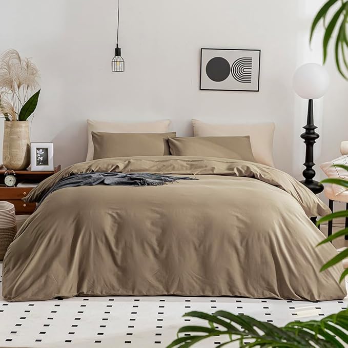 JELLYMONI Khaki Bedding Duvet Cover Set - 100% Washed Cotton Linen Like Textured California King Comforter Cover, 3 Pieces Soft Bedding Set with Zipper Closure (Khaki, Cal King 104"x98")