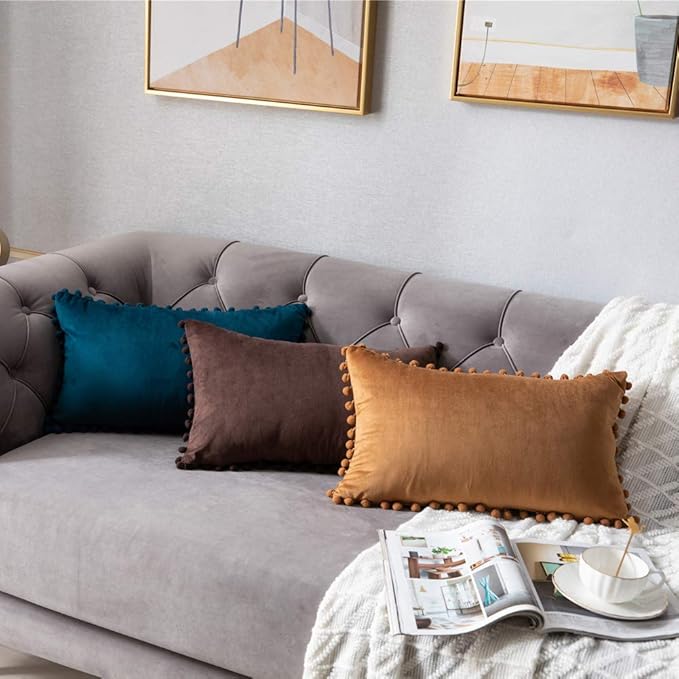 DEZENE 12x20 Throw Pillow Covers Dark-Blue: 2 Pack Cozy Soft Pom-poms Velvet Rectangular Decorative Pillow Cases for Farmhouse Home Decor