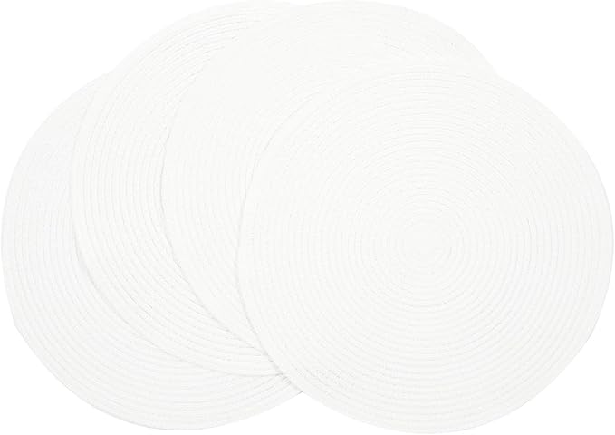 SHACOS Round Braided Placemats Set of 4 Washable Round Table Mats for Dining Table 15 inch (White, 4)