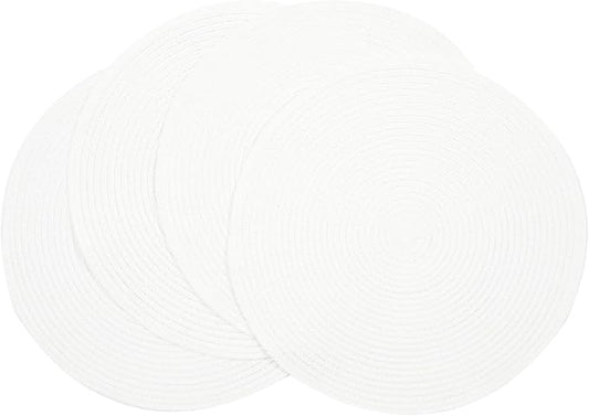 SHACOS Round Braided Placemats Set of 4 Washable Round Table Mats for Dining Table 15 inch (White, 4)