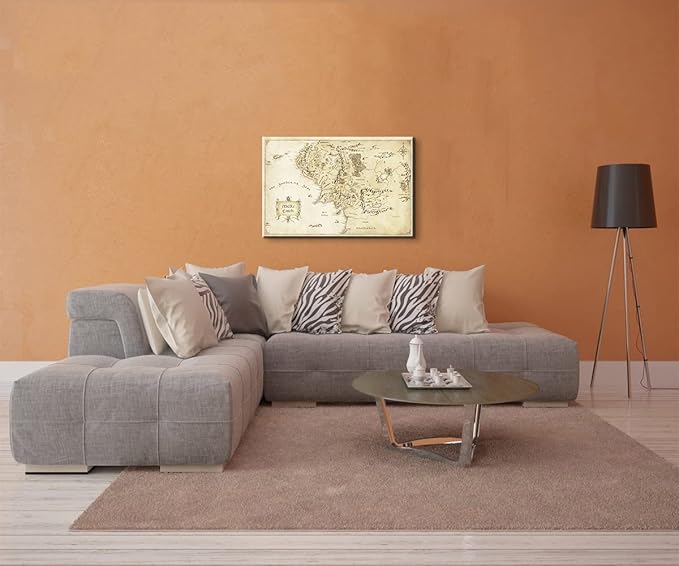 Middle Earth Map Wall Art Canvas Print - Fantasy Map of Middle Earth - 16''H x 24''W with Inner Wooden Frame - Lightweight & Easy to Hang - Perfect for Bedroom, Game Room Decor