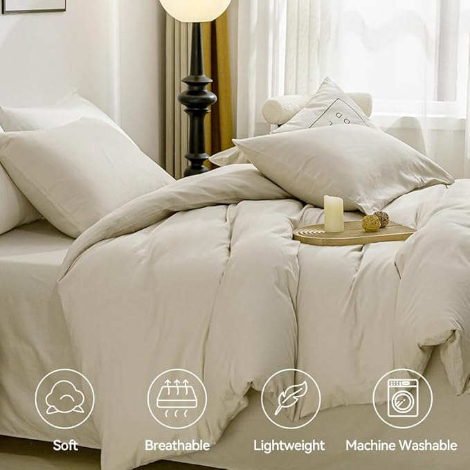 JELLYMONI Cotton Duvet Cover California King - 100% Washed Cotton Linen Like Textured Comforter Cover, 3 Pieces Soft Bedding Set with Zipper Closure (Light Khaki, Cal King 104"x98")