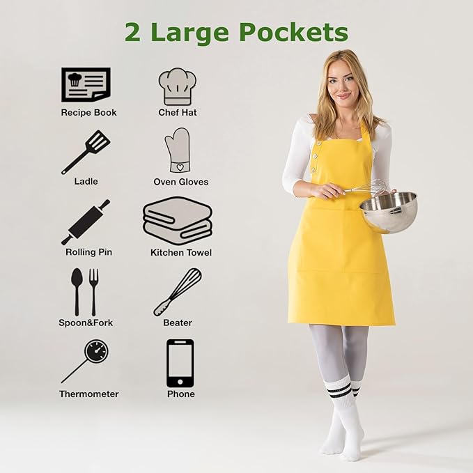 TOSHE Kitchen Apron Waterdrop Resistant Cotton Apron with adjustable Aprons for Women with Pockets 10 Color option Cooking Yellow Apron (Yellow)