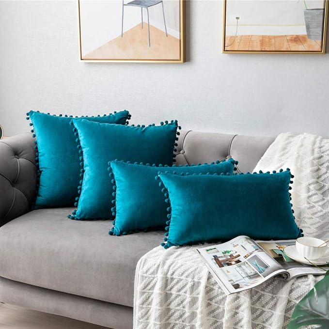 DEZENE Throw Pillow Cases 12x20 Turquoise: 2 Pack Cozy Soft Pom-poms Velvet Rectangular Decorative Pillow Covers for Farmhouse Home Decor