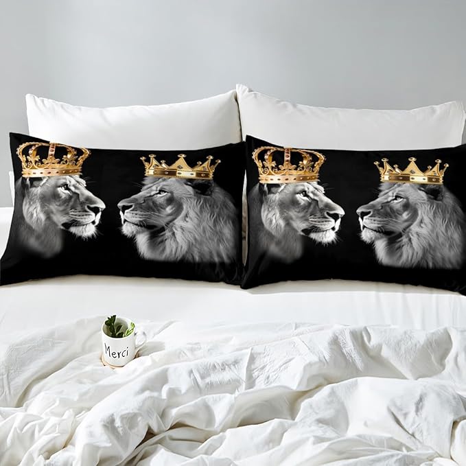 Wild Lion Couple Duvet Cover Set King Size,Gold King and Queen Crown Comforter Cover with 2 Pillowcases,Tropical African Animal Modern Bedding Set for Adult Young Bedroom Xmas Gift (No Comforter)