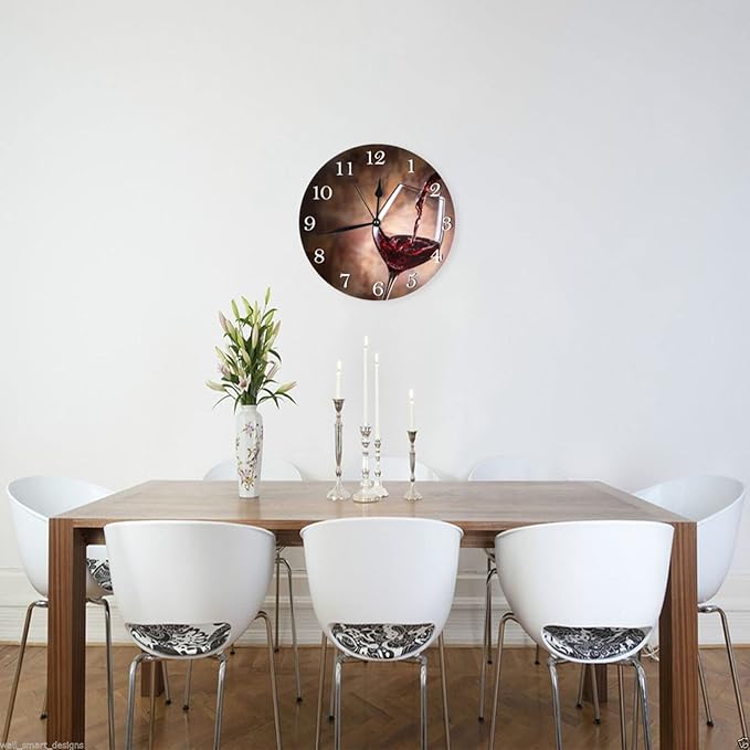 Wine Themed Wall Clock Battery Operated Silent Round Clock Wall Decor for Home Office School, 9.8 Inch