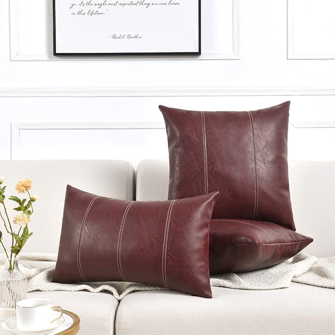 Fancy Homi 2 Packs Burgundy Faux Leather Decorative Throw Pillow Covers 16x16 Inch for Living Room Couch Bed, Modern Farmhouse Home Decor, Wine Red Hand Stitched Accent Square Cushion Case 40x40 cm