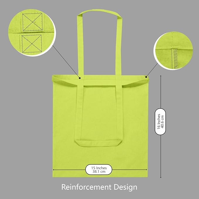 TOPDesign 12-Pack Economical 16"x15" Apple Green Cotton Tote Bag, Lightweight Medium Reusable Grocery Shopping Cloth Bags, Suitable for DIY, Advertising, Promotion, Gift, Activity