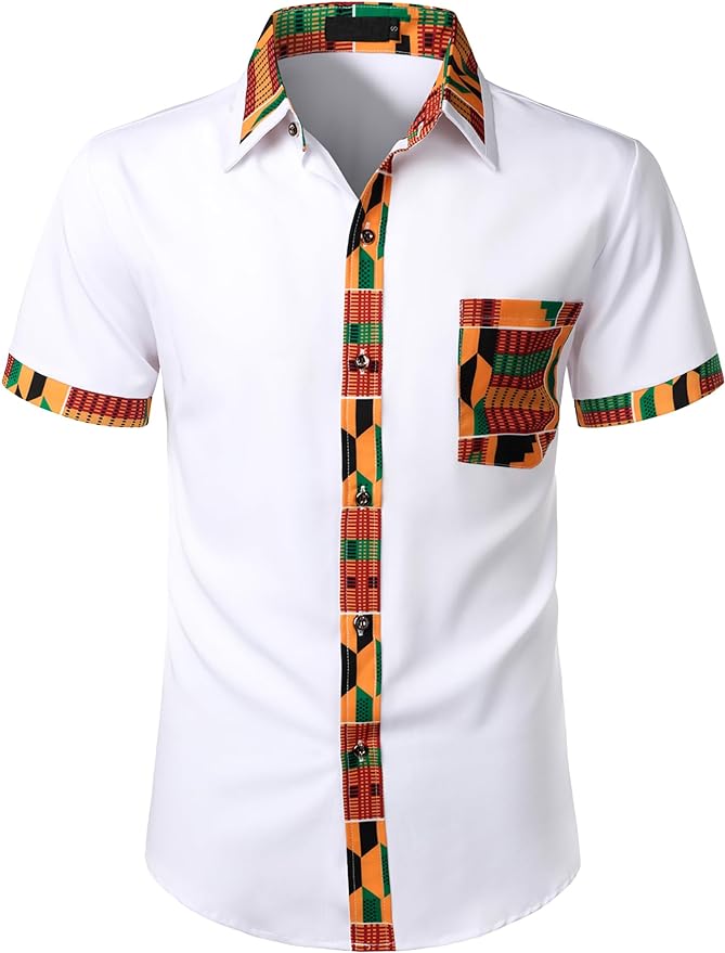 ZEROYAA Men's African Printed Patchwork Design Short Sleeve Button up Shirt
