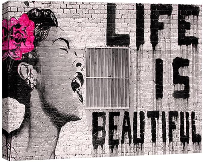 Wieco Art Banksy Life is Beautiful Modern Gallery Wrapped Giclee Canvas Prints Artwork Grey Love Abstract Pictures Paintings on Canvas Wall Art Ready to Hang for Bedroom Home Office Decorations