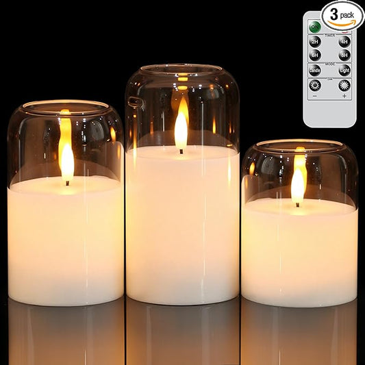 GenSwin Glass Flameless Candles with Remote Timer, Clear Battery Operated Candles with Flickering Flame, Glass and Real Wax LED Pillar Candle for Halloween Christmas Home Decor(Set of 3, D3”x4”5”6”)