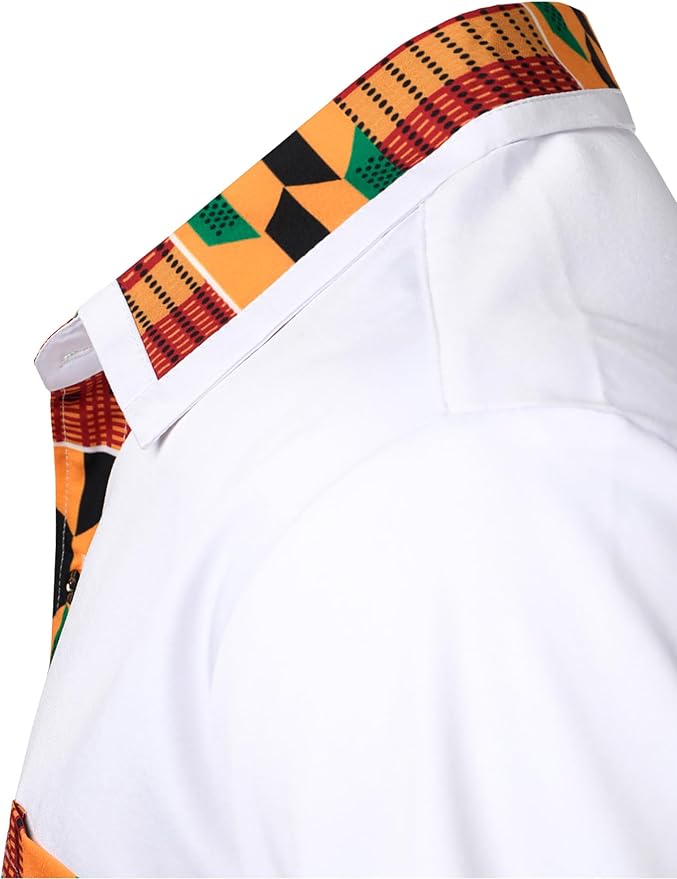 ZEROYAA Men's African Printed Patchwork Design Short Sleeve Button up Shirt